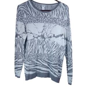 Chico's Size 1 M Grey White Animal Print Zebra Leopard Lightweight Knit Sweater